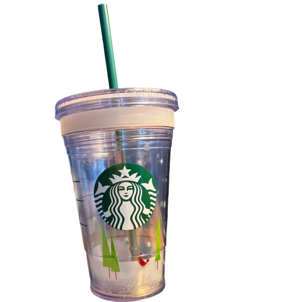 Starbucks 2011 Holiday Winter Trees Red Bird Clear Cold Cup Tumbler 16oz Grande